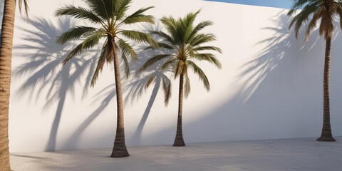 Obraz premium Long, dramatic palm tree shadow stretching across a white wall, vibrant tropical setting, nature, sun shadow