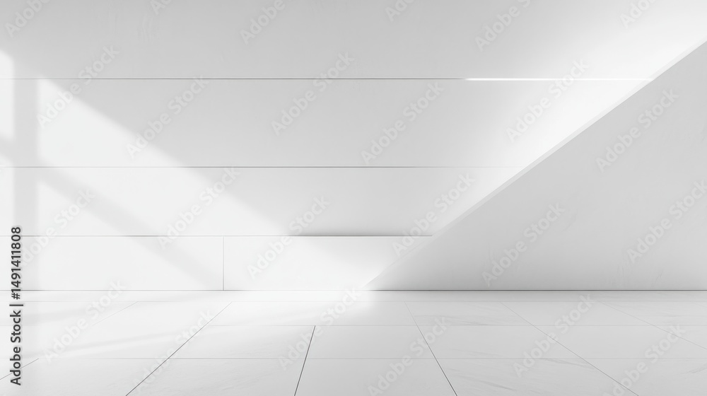 Poster empty modern white room with sleek tiled floor and angled sunlight creating geometric shadows on the