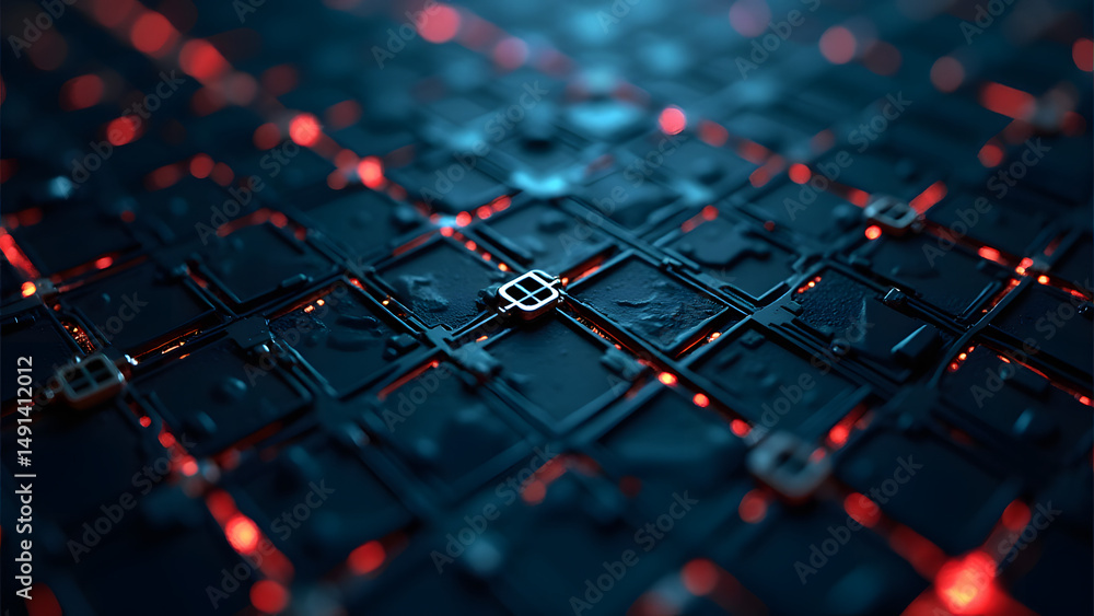 Poster perfect square grid with double x-diagonals and led nodes, memory circuit motif in platinum/red/blue