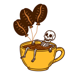 skeleton relaxes in a cup of coffee with coffee bean balloons illustration