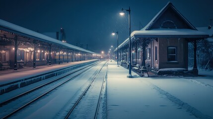 Snowy winter night at a tranquil train station.