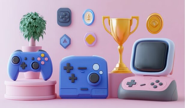 3D render of two blue gaming controllers and one pink handheld gaming device with a retro screen, golden trophy and decorative game icons on pastel pink background, playful and vibrant