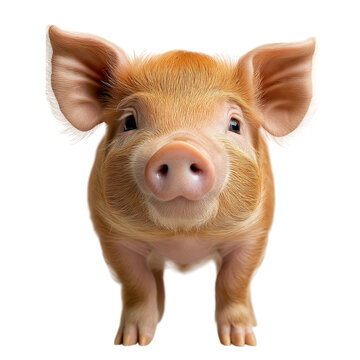 Front view of a red Duroc pig isolated on white background, realistic close-up showcasing coarse fur texture and distinct facial features, perfect for farm animal, livestock, and agricultural concepts