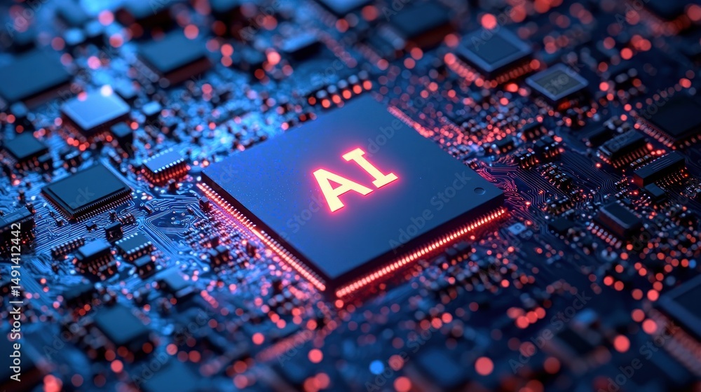 Aufkleber close-up view of a computer chip with glowing red ai letters surrounded by complex circuitry on a bl
