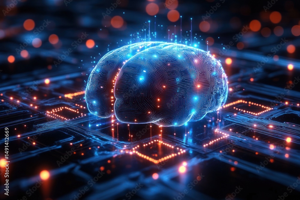 Poster glowing translucent digital brain model with circuit patterns floating above illuminated microchip b