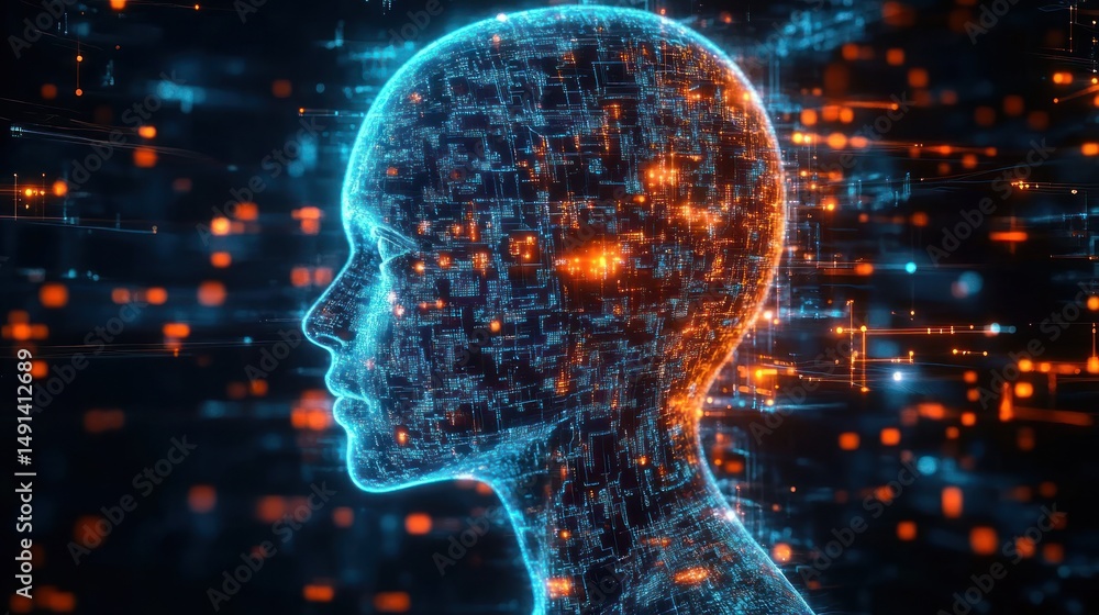 Poster digital representation of a human head made of glowing blue and orange circuitry and data points, symbolizing artificial intelligence and technological connectivity
