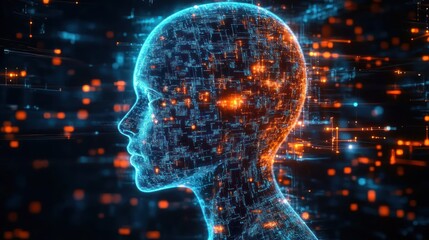 digital representation of a human head made of glowing blue and orange circuitry and data points, symbolizing artificial intelligence and technological connectivity
