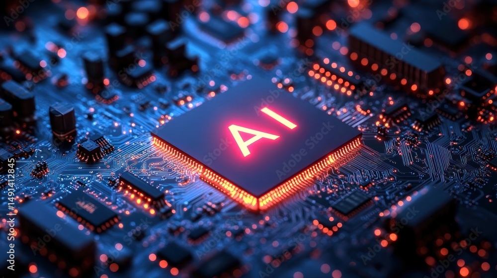 Poster close-up of a glowing central processing unit labeled ai on a blue circuit board with orange illumin