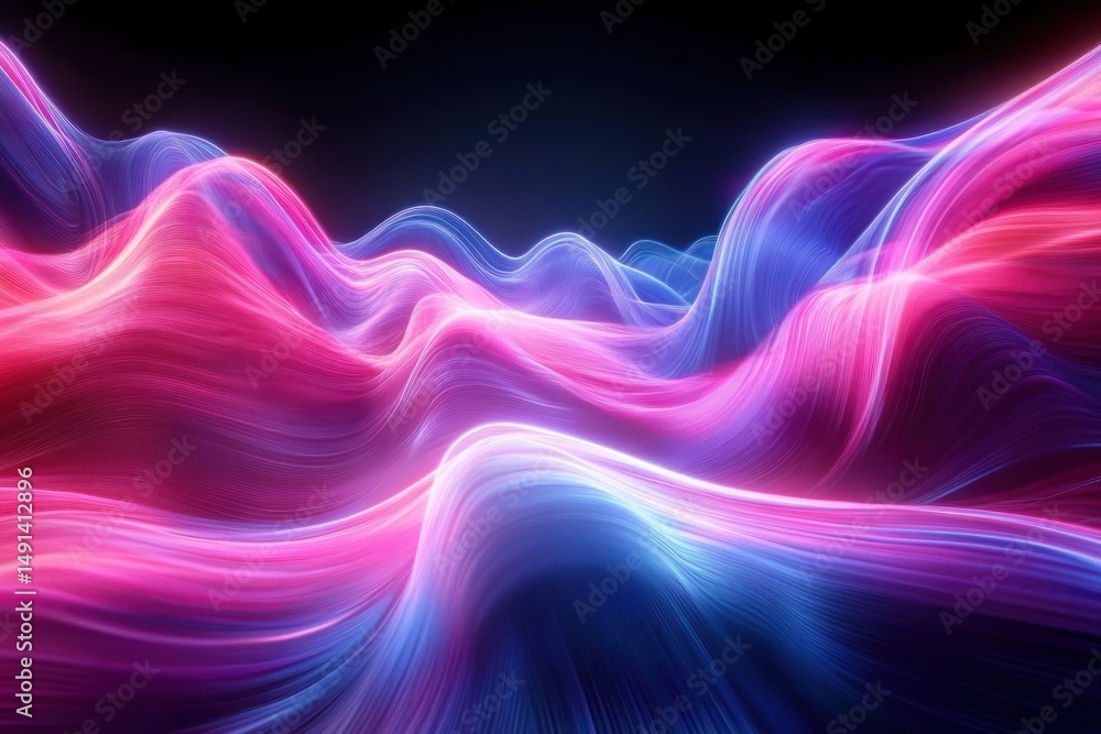 Aufkleber wavy flowing neon lines in pink and blue colors creating an abstract luminous landscape under a dark