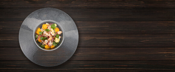 Shrimp ceviche on a dark background