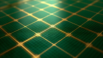 Rectangular grid with double X-diagonals mimics memory circuit layouts with gold traces on green PCB for tech backdrops.