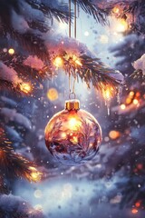 Festive Christmas Ornament on Snowy Pine Tree with Glowing Lights