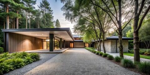 Fototapeta premium Modern architectural dwelling nestled amongst lush greenery and tall trees, showcasing a tranquil driveway and elegant design