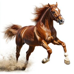 Obraz premium Powerful chestnut horse galloping energetically with flowing mane and tail kicking up dust against white background