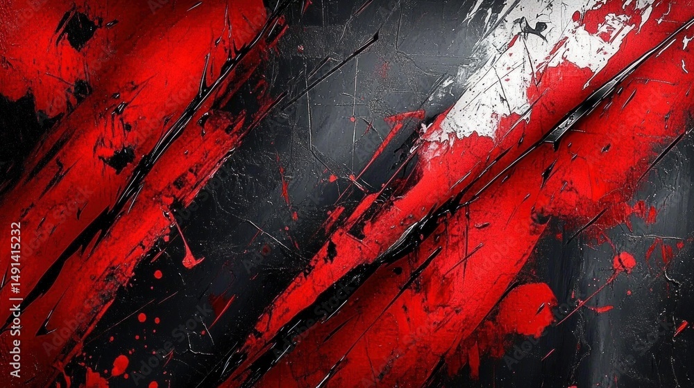 Poster Abstract explosive red and black paint splashes creating chaotic dynamic diagonal streaks and textured lines on dark background