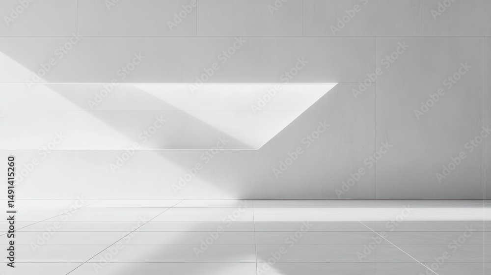 Poster minimalist white interior space with large rectangular skylight casting sharp shadows on smooth tile
