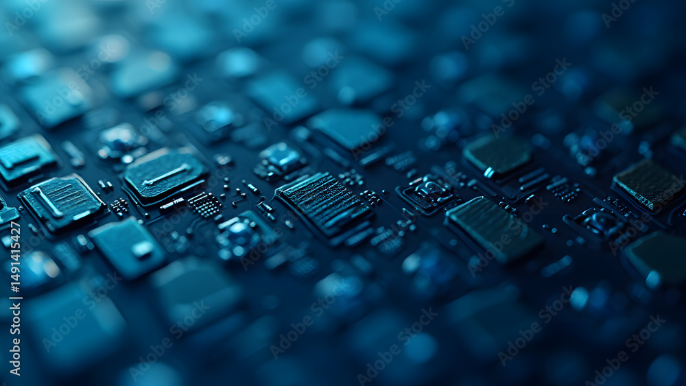 Poster flexible circuit mesh of connected trapezoids, silver traces on blue substrate, futuristic bendable 