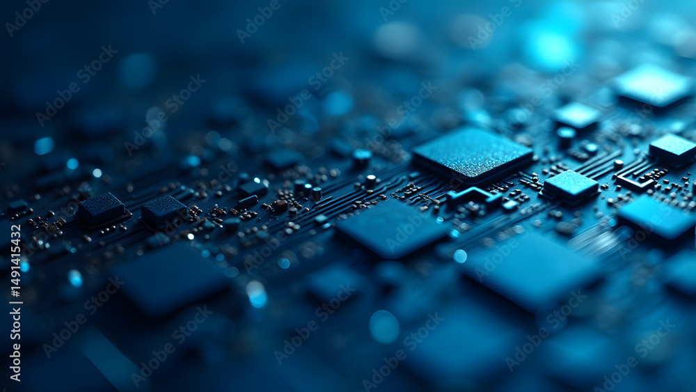Poster flexible circuit mesh of connected trapezoids, silver traces on blue substrate, futuristic bendable 