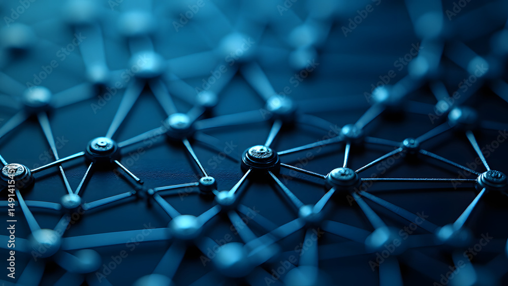 Poster flexible circuit mesh of connected trapezoids, silver traces on blue substrate, futuristic bendable 