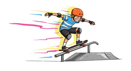 Naklejka premium Cartoon shows skateboarder boy sliding down a railing with technique, protection and adventurous spirit