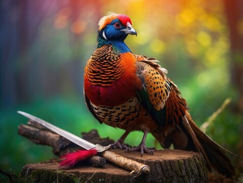 "Male Ring-Necked Pheasant Displaying in Spring Sunset &ndash; Courting Behavior in Green Meadow Habitat"