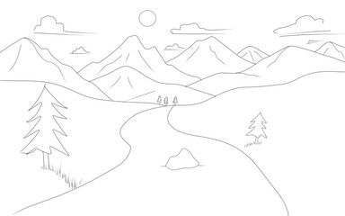 sketch of hills and river dividing it.coloring page for beginners