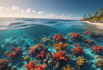Sunlit ocean surface reveals vibrant coral reef below, gentle waves , bright, ocean, fish