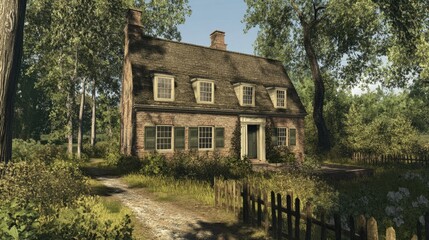 Obraz premium Serene Brick Colonial House in a Lush Green Forest
