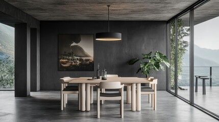Fototapeta premium Modern dining room design with panoramic views.