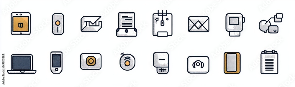 Poster a set of minimalistic outlined tech and communication icons featuring devices, envelopes, documents,