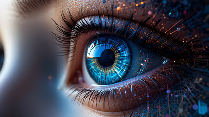 Human eye abstract design with an iris composed of layered digital graphs