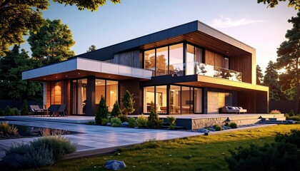 Modern Home Design Sunny Exterior View of Luxury House with Landscaping.