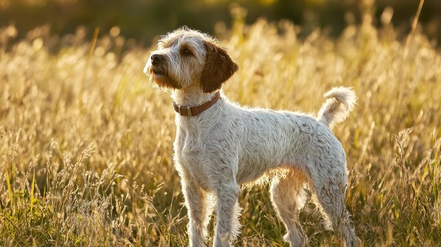 Dog standing in a grassy field during golden hour