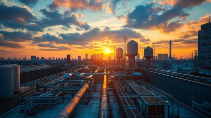 Fototapeta premium Urban Sunset View over Industrial Cityscape with Water Tanks and Pipes