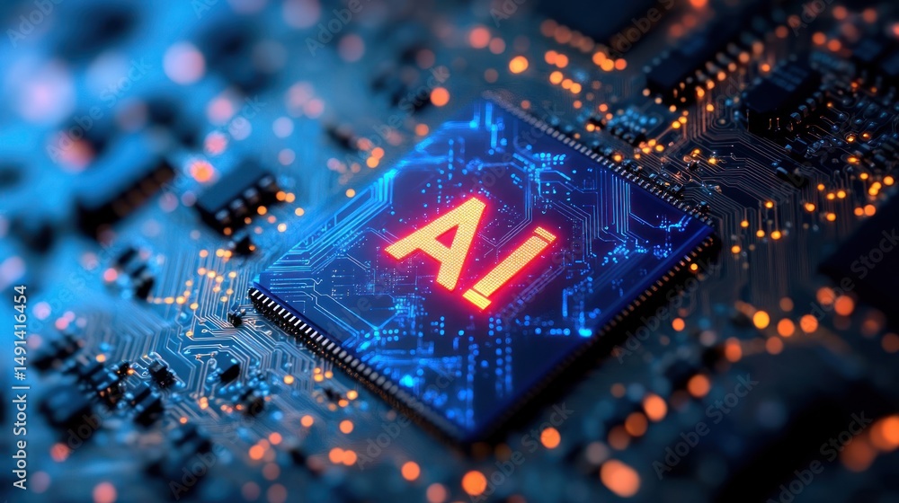 Poster close-up of a glowing microchip labeled ai on a circuit board with blue and orange illuminated elect