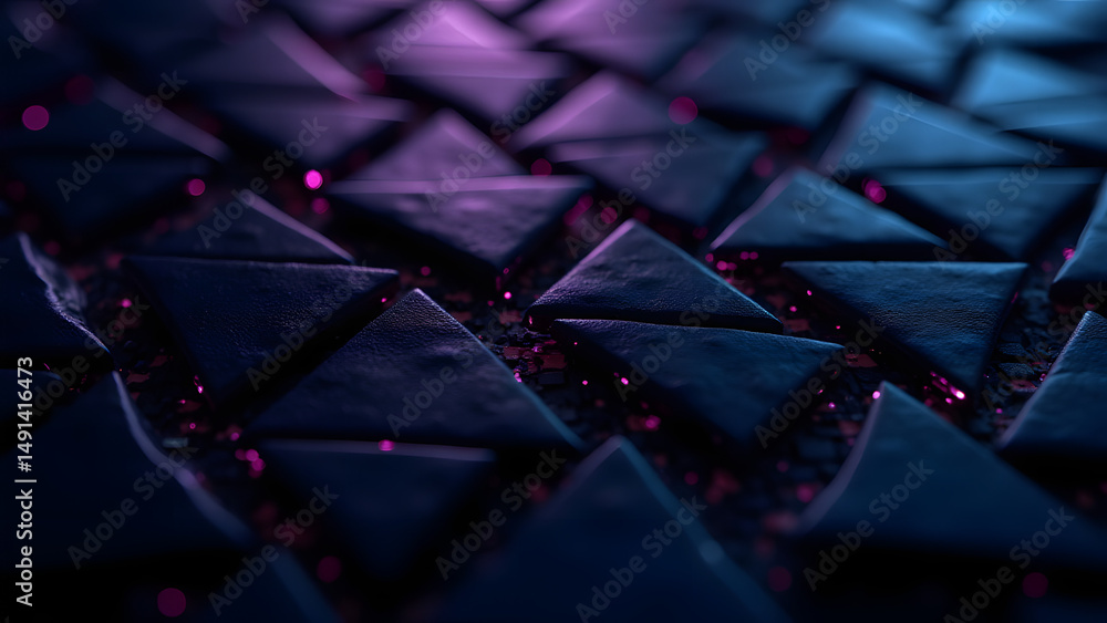 Poster digital circuit mesh of shifting triangles, glowing purple nodes, futuristic ai hardware texture wit