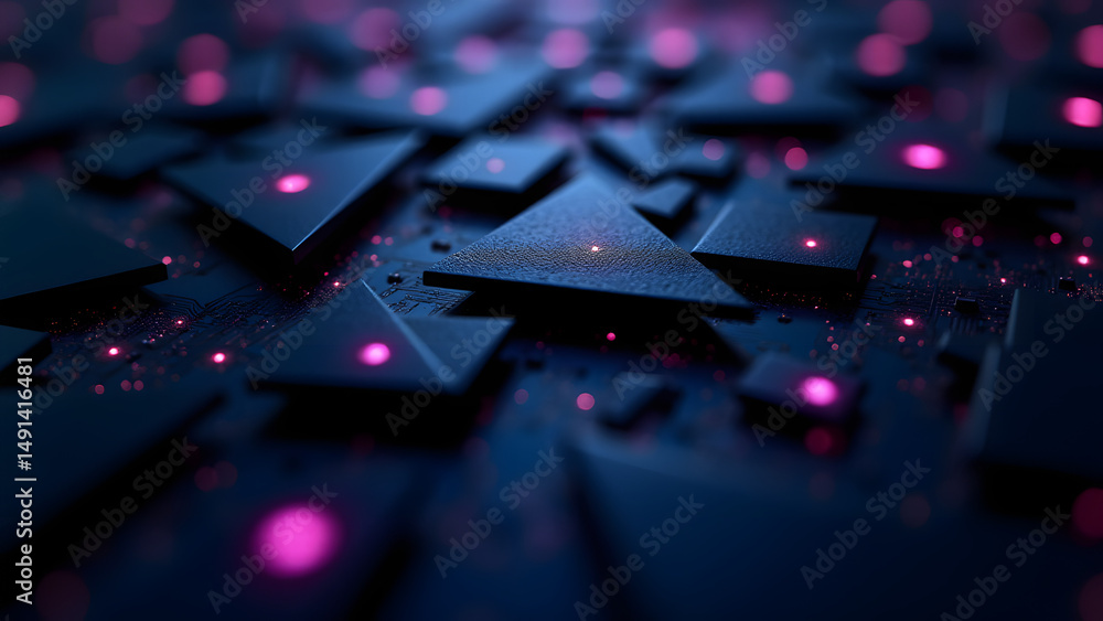 Poster digital circuit mesh of shifting triangles, glowing purple nodes, futuristic ai hardware texture wit