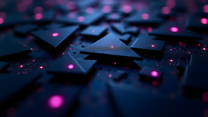 Digital circuit mesh of shifting triangles, glowing purple nodes, futuristic AI hardware texture with depth.