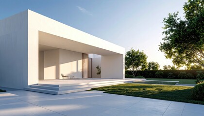 Modern Minimalist House at Sunset with Architectural Exterior.