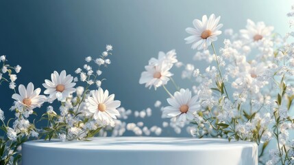 Delicate white daisies and small white flowers surrounding a smooth pedestal against a soft blue background, evoking calm and purity