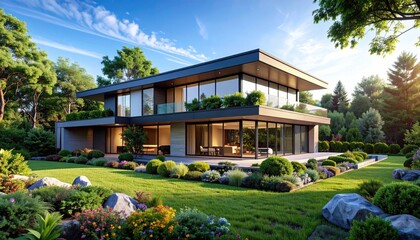 Modern Oasis Luxury Home with Green Garden, and Sunny Day.