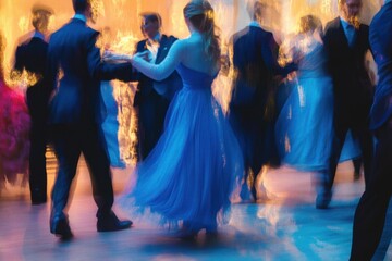 A group of people dressed formally dancing in a spacious room lit with warm golden lights, with blurred motion capturing a lively and joyful atmosphere