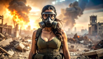 Woman in Gas Mask  PostApocalyptic Scene.