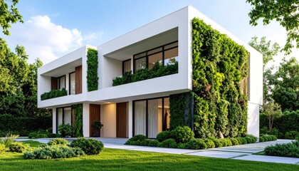 Fototapeta premium Modern Green Oasis Stylish Home Exterior with Vertical Garden Design.