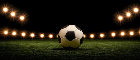 Fototapeta premium Soccer Ball on Green Field at Night Stadium Lights