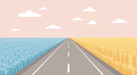 Long Straight Road Dividing Blue Water Cultivated Field and Golden Wheat Field Under Cloudy Sky