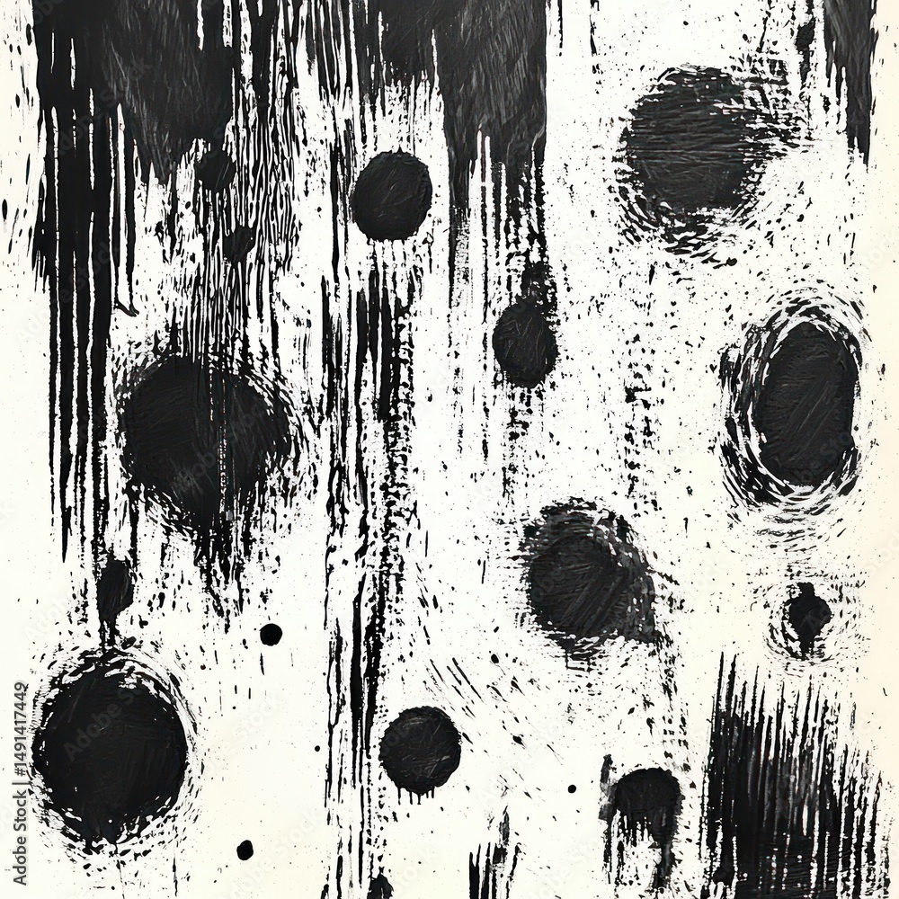 Poster Abstract black ink splatters and vertical streaks on white background creating textured pattern and dynamic contrast