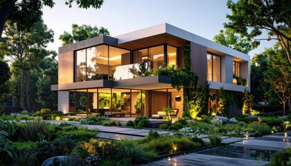 Modern Oasis Luxury Home Nestled in Lush Garden at Sunset.