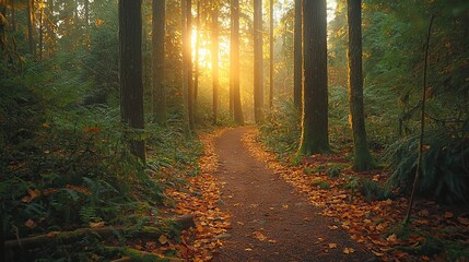 Obraz premium Serene Forest Pathway at Sunrise with Golden Light and Autumn Leaves
