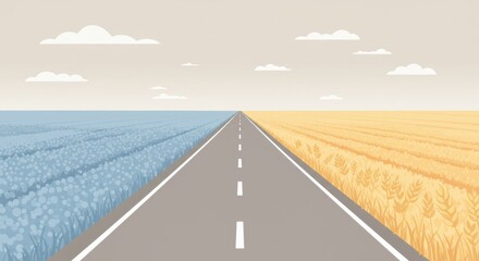 Fototapeta premium Symmetrical Road Dividing Two Vast Agricultural Fields Under a Cloudy Sky